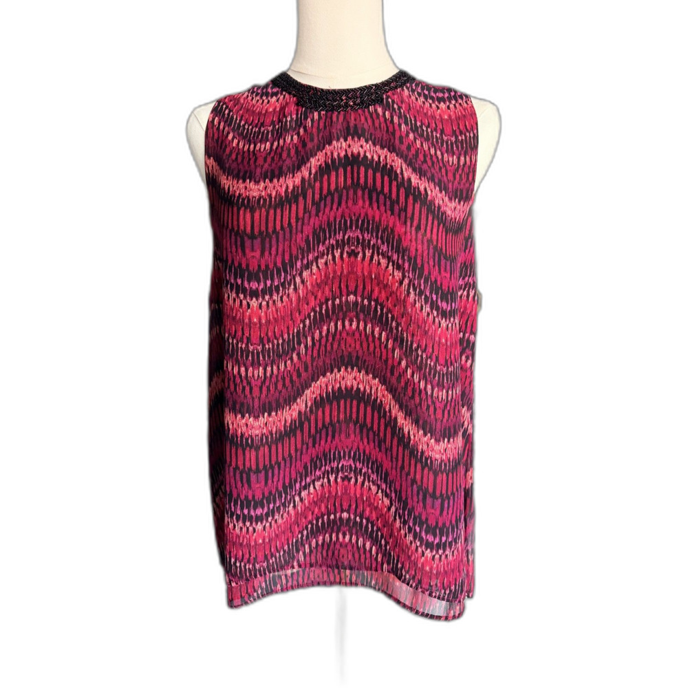 Cache Y2K Burgundy Black Abstract Print Beaded Pleated Tunic Top Size Small